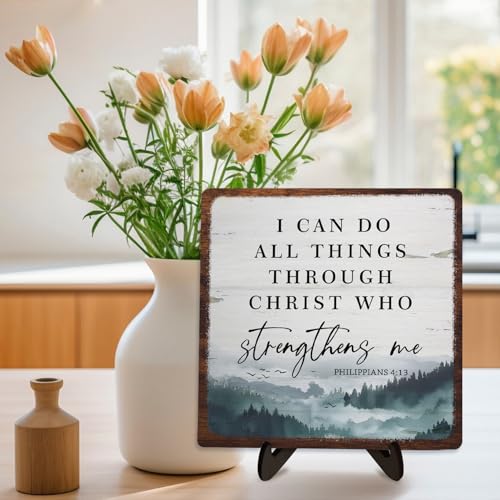 Bible Verse Sign,Christian Wooden Sign Desk Decor,Positive Home Decor Plaque,Motivational Scripture Gift, I Can Do All Things Through Christ Who Streng Thens Me 5.9x5.9inch(PHILIPPIANS 4:13) PHILIPPIANS 4:13 5.9 x 5.9 inches