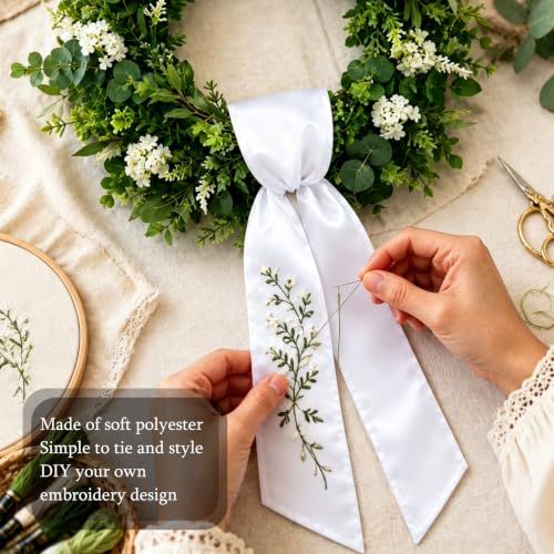 White decorative wreath storage sash, 4.5 inches by 56 inches, for front door wreaths, by luperasol, in an outdoor setting