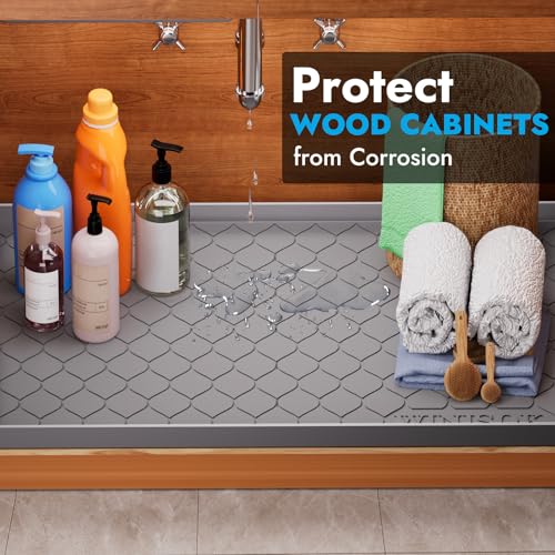 White Winisok waterproof silicone under-sink mat, 34" x 22", designed for organizing under-sink spaces.