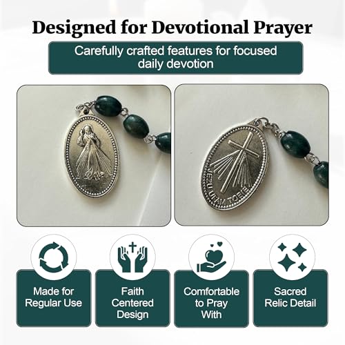 SANCTUM VERITAS Saint Faustina Kowalska True Relic Chaplet Apostle Divine of Mercy Miraculous Medal Jesus I Trust in You Chaplet Three O' Clock Prayer Poland Polish Novena Green1