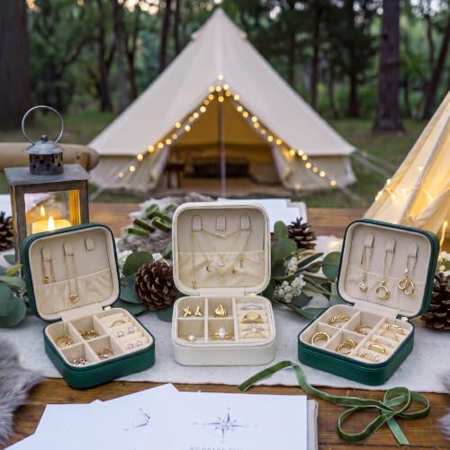 Nosiny 7 Pcs Mini Jewelry Organizer Case, Portable Small Travel Jewelry Box Featuring Forest and Tent for Storing Rings, Earrings, and Necklaces for Camping Wedding Bridal Shower(White, Deep Green)