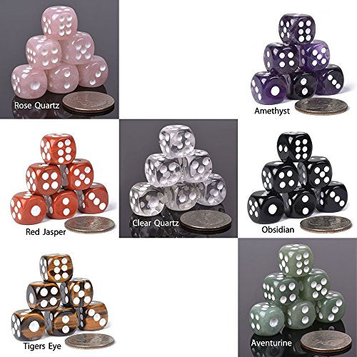 Dice 7 Chakras Colors Natural Gemstone Crystal 15mm Amethyst + Tiger Eye + Obsidian + Clear Quartz + Rose Quartz + Red Jasper + Aventurine (Pack of 7)