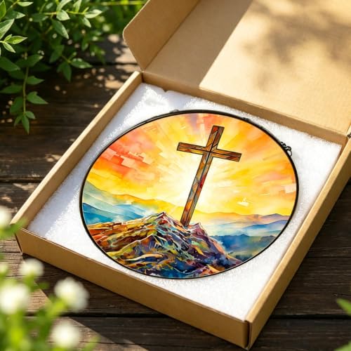 Cross Stained Glass Window Hanging, 7.87in Suncatcher Cross