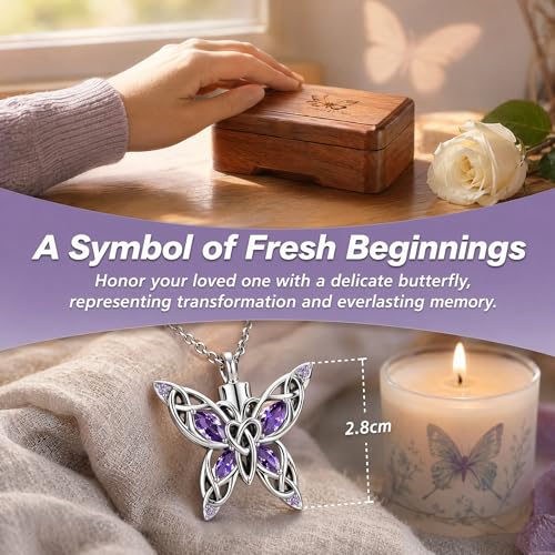 Urn Necklaces for Ashes for Women Butterfly Memorial Jewelry Human Pet Ash Urns Stainless Steel Crystal Pendant Necklace