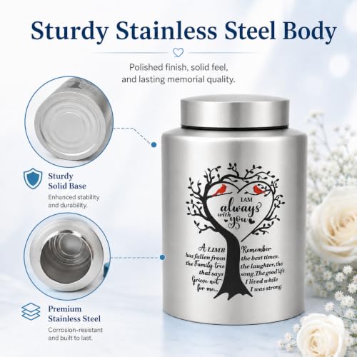 7.3 Inch Medium Urns for Human Ashes, Cremation Urn for Human Ashes, 140 Cubic Inches Decorative Stainless Steel Funeral Memorial Keepsake Urn with Two Cardinal Birds, Silver
