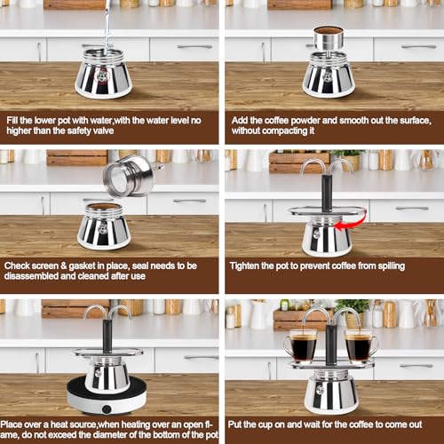 2 Cup Dual Pipe Moka Pot Stainless Steel Stovetop Espresso Maker Cafeteras Italian Percolator Espress Makers Capable Greca Mocha Coffee Machine for Induction Home 150ml 5.1oz 2 Cup