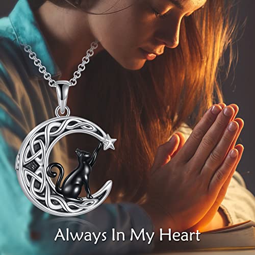 925 Sterling Silver Moon Black Cat Necklace for Women Cat Jewelry E-Moon Black Cat Urn Necklace