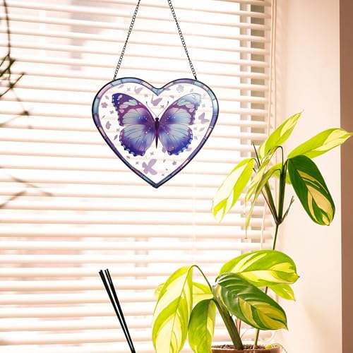 Purple Butterfly Stained Glass Window Hanging, Butterfly Suncatcher Window Wall Garden Decor with Chain, Heart Suncatchers Gift for Women, Mom, Wife, Aunt, 7.9 in Bible Verses