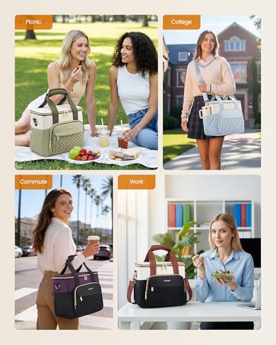 LOVEVOOK Lunch Box for Women, Insulated Adult Lunch Bag Women Cooler Tote Purple-black Large—13l