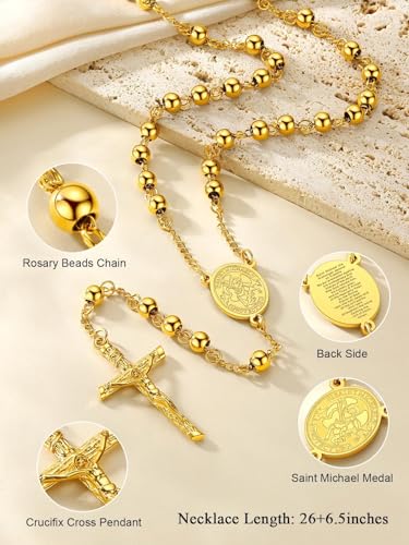 FaithHeart Rosary Beads Catholic Necklace for Men, St Michael/St Christopher/Virgin Mary Prayer Rosaries with Crucifix Cross Stainless Steel Praying Rosary Necklace Saint Michael-Gold Steel Bead