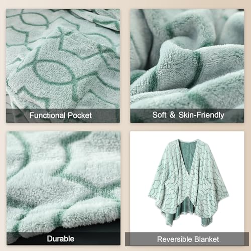 Bcareself Double-Sided Wearable Blanket Ultra Soft Flannel Shawl Blanket, Reversible Blanket,with Pockets, for Women and Men Modern Forest Green