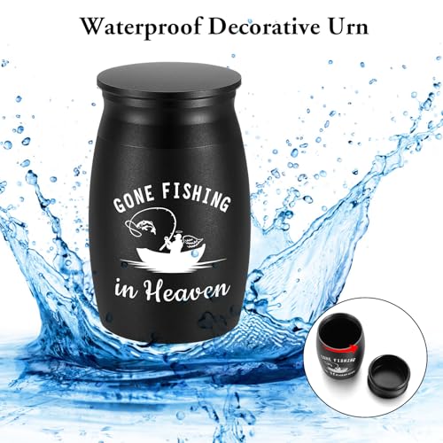 SOITIS Small Urns for Human Ashes - 2.76 Inches Black Aluminium Urn for Ashes Keepsake, Cremation Urns Memorial Holder, Funeral Sharing Decorative Urn for Women Men - Gone Fishing Mini Urn