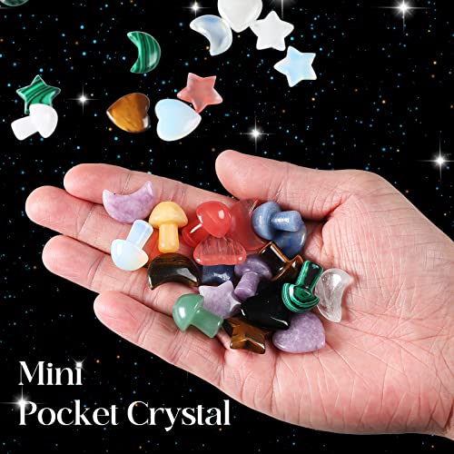 40 PCs Crystal Heart Moon Star Mushroom Shaped Natural Healing Worry Stones Bulk Polished Love Gemstones Handmade Pocket Set Bulk Balancing Meditation Mother's Day Christmas Gift 40pcs