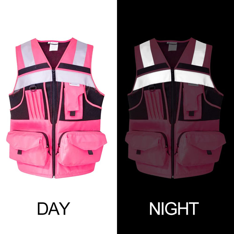 SUXIBIP 10 Pockets Safety Vest for Men and Women, High Visibility vest with 3M Reflective Strips, Oxford Fabric Pink X-Large