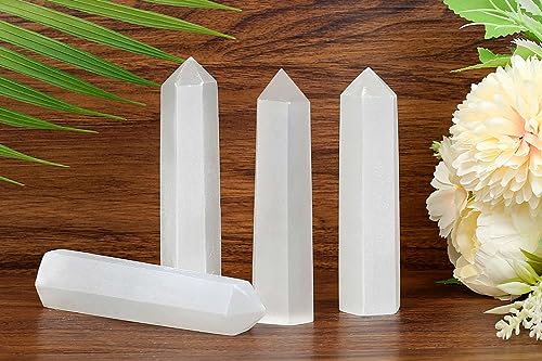 LAIDANLA Selenite Healing Crystals Wands 3.5-4" Natural Reiki Energy Wand Stone Hexagonal Point Obelisk Large Crystal Gemstones for Meditation Therapy Crystal Grid Gifts Decoration 1Pcs G-selenite