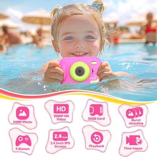 Kids Waterproof Camera, IP67 Underwater Digital Camera, 1080P 48MP, 32GB Pink