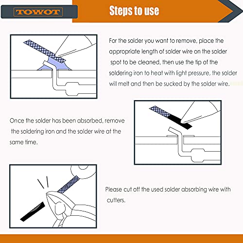 TOWOT Solder Wick Braid With Flux No-Clean Electronic, Desoldering Wick Braid Remover. Desolder Soldering Kit 2 mm W 0.08 Inches L 9.8 Inches (2 Pieces)