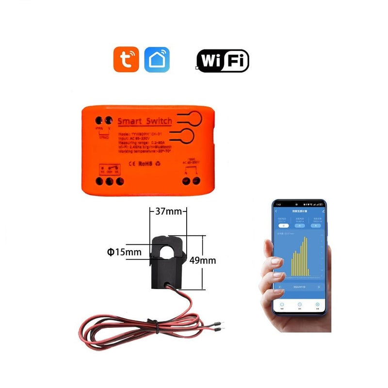 Tutya app WIFI Smart Energy Power Meter Monitor, Smart Single Phase Clamp Electricity Meter with 1 * 80ACT Current Transformer, Remote Monitor Meter Real-Time Electricity