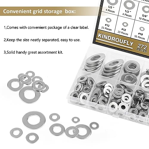 Kindroufly 304 stainless steel flat, fender, and lock washers assortment in 8 sizes, 272 pieces