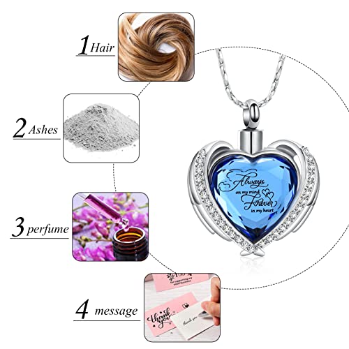 Cremation Jewelry for Ashes Pendant - Crystal Heart Urn Necklace with Mini Keepsake Urn Memorial Ash Jewelry Always-Silver-Blue