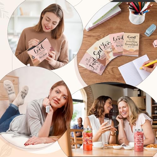 Mimorou 30 Pcs Bulk Christian Gifts for Women 13.5 oz Bible Verse Plastic Tumblers with Lids Straws Religious Socks Boho Cosmetic Bags Notepads Scripture Keychains Church Favors Christmas Faith Gifts