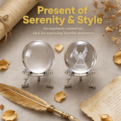 2 Pcs Crystal Ball with Silver Stand - 3D Laser Engraved Guardian Angel & Clear Glass Sphere Paperweight, Healing Crystal Figurine for Home Decor, Wedding & Angel Lovers Gift Clear&angel