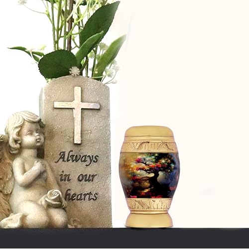 Small Heaven Tree Memorial Lovely Keepsake Urn Qnty 1 - Keepsake Urn for Human Ashes with 1 Velvet Box Bag - Mini Memorial Affordable Urn Golden 3.5" H X 2" W X 2" L