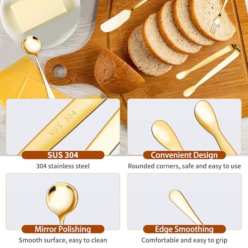48 Pcs Charcuterie Boards Accessories Butter Spreader Knives Set Stainless Steel Cheese Mini Serving Tongs Spoons Forks Dipping Bowls Toothpick Flags Utensils for Pastry Making Wedding Christmas(Gold) Gold 48Pcs