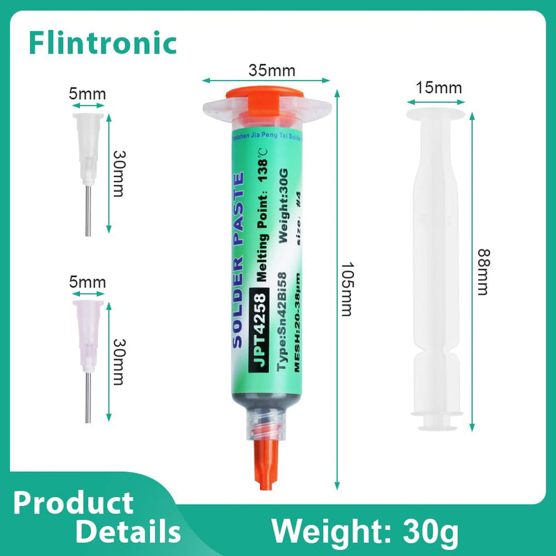 Flintronic Lead Free Solder Paste 30g Sn42 Bi58 Syringe Soldering Paste Flux | Low temperature 138°C solder flux tin paste, solder paste for BGA SMT LED SMD solder #3 Lötpaste #6 Soldering Paste 30 G, Low Temperature 138 °c