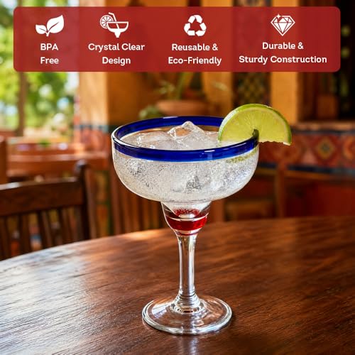 Lily's Home Unbreakable Margarita Glasses - 14 oz Shatterproof Plastic Set of 4 with Cobalt Blue Rims, Reusable Crystal Clear Stemware for Martini, Frozen Drinks, Pina Coladas & Cocktails Modern
