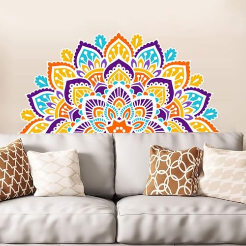 KYMY Mandala Wall Sticker, Indian Deepavali Rangoli Namaste Flower Vinyl Decals, Removable Peel & Stick Mandala Wall Clings for Diwali Festival of Lights Living Room Bedroom Sofa Art Decor