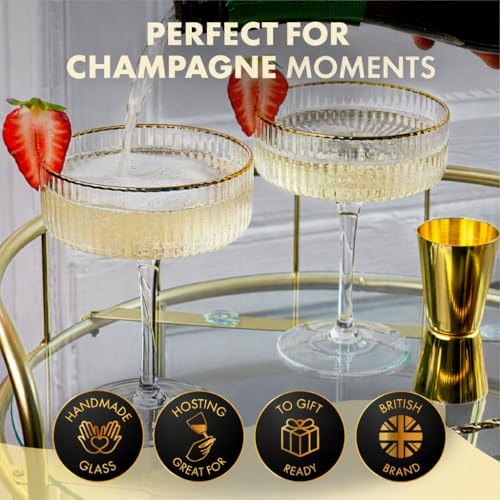 VEMACITY - Ribbed Espresso Martini Glasses Set of 4 with Gold Rims | Coupe Glasses | Vintage Cocktail Glasses for Margaritas, Champagne and More - Includes Jigger & Bar Spoon | Set of 4- 10oz