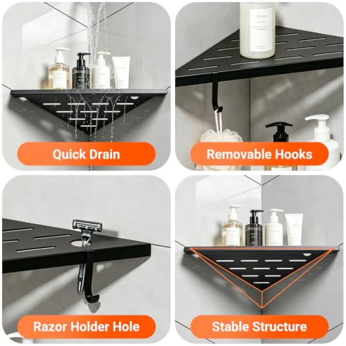 Corner Shower Shelves, 10" Matte Black 304 Stainless Steel Recessed Shelf for Bathroom，With silicone soap dish and razor holder，Grout in Shelf with Hooks for Tiled Wall 2 Pack (Black)