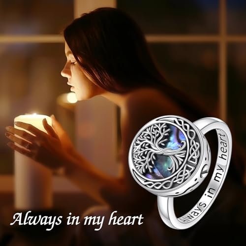 Tree of Life Urn Ring for Ashes 925 Sterling Silver Celtic Knot Family Tree Memorial Keepsake Jewelry Always in My Heart Cremation Ring for Women Men Abalone shell 7