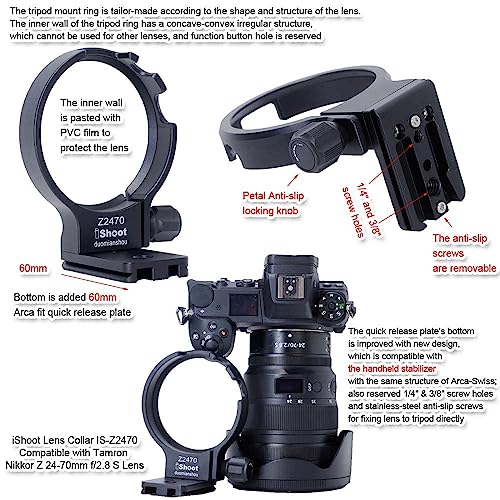 iShoot Lens Collar Tripod Mount Ring Compatible with Nikon Nikkor Z 24-70mm f/2.8 S Lens, Lens Support Holder Bracket Bottom is Arca-Swiss Fit Quick Release Plate Dovetail Groove