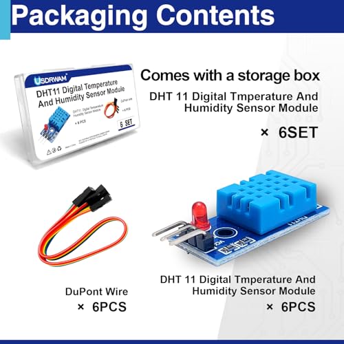Usdrwam DHT11 digital temperature and humidity sensor modules, 6-piece set with blue sensor probes