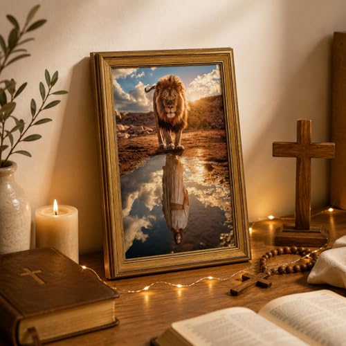 Lion of Judah Jesus Wall Art, Gold Framed Christian Decor, 12x16 inch 16"L x 12"W