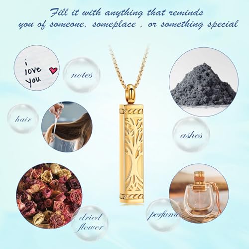 Tree of Life Urn Necklace, Stainless Steel Memorial Ashes Pendant Gold