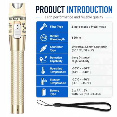 Palenzo visual fault locator fiber optic tester with 2.5mm universal connector, golden 80-100KM model