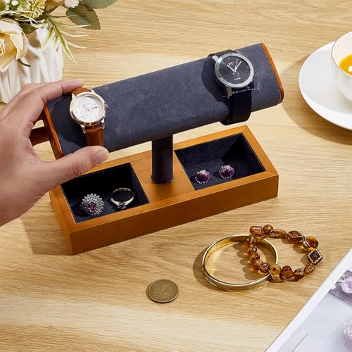 PH PandaHall 1pc Wood Watch Display Stand Jewelry Organizer with Velvet Tray Grid Grey T Shaped Bracelet Holder for Women Men Home Store Decor Christmas Birthday Gift Decoration