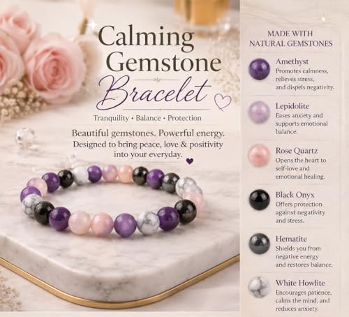 Natural Gemstone Healing Crystal Bead Bracelet, 8mm Stretch Calming & Anti-Anxiety