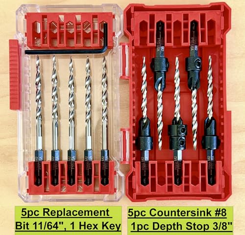 FTG USA 5-piece #8 countersink drill bit set with five countersinks and five replacement bits