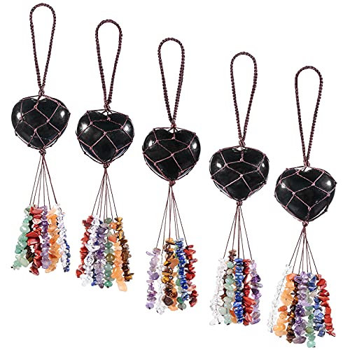 mookaitedecor Obsidian Heart Hanging Ornament with Tumbled Stone Tassels Black