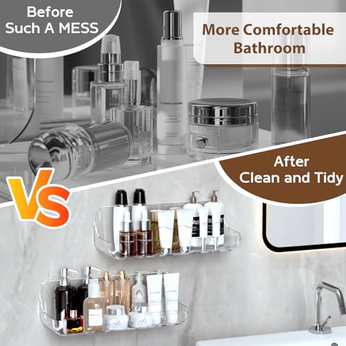Acrylic Shower Shelves 2 Pack, Adhesive Clear Bathroom Shelf, Plastic Shower Caddy with Self Adhesive Tape, No Drilling, Wall Mounted Shower Organizer for Bathroom Storage & Kitchen Clear-2 Pack Medium
