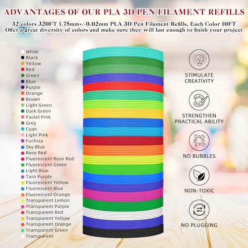 3D Pen Filament Refills 32 Colors 320ft 1.75mm PLA 10 feet each color