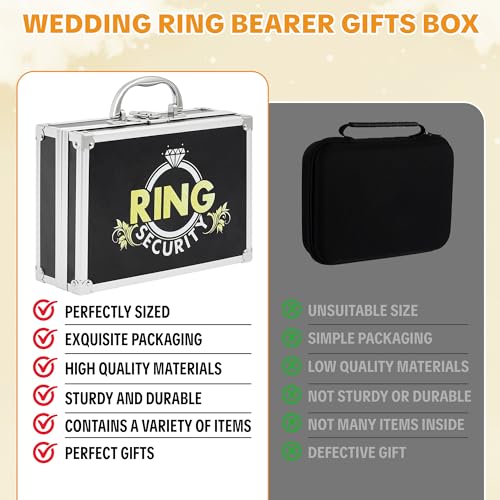 Ring Security Wedding Ring Bearer Aluminum Briefcase-Padded Slits Holder Ring Bearer Gifts Security Box for Proposal Ceremony Wedding Day,Security Badge Props for Boys Kids Black Silver