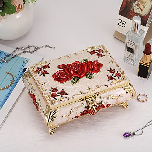 Hipiwe Vintage Metal Jewelry Box for Earrings Necklace Bracelet Organizer Large Beige