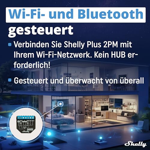 Shelly Plus 2PM | WLAN & Bluetooth 2-Kanal Relais Schalter mit Strommessung| Smart Home Hausautomation| Funktioniert mit Alexa| iOS- & Android-App| Kein Hub erforderlich| Rollläden steuern 1 Stück