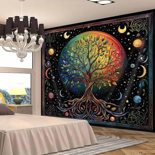 FENDROM Moon Phase Tree of Life Tapestry Galaxy Sun and Moon Flower Plant Tapestries Boho Mandala Spiritual Aesthetic Wall Hanging Backdrop Blanket for Bedroom Living Room Dorm Decor 79"L x 59"W