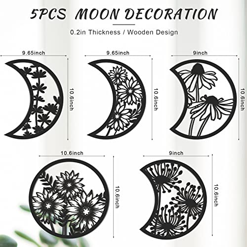 Jetec 5 Pcs Moon Phases Wall Art Decor, Wooden, Black, 10.6 Inch, Flower